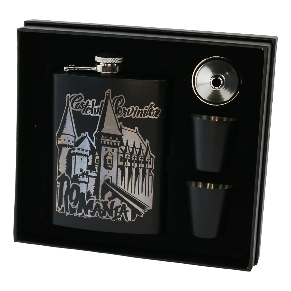 Set cadou Castelul Corvinilor cu plosca gravata 220 ml, palnie si 2 pahare, Romania - imagine 2