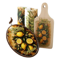 Set cadou "Home Sweet Home" lamaie - suport pentru oale, tocator si prosop de bucatarie + punga cadou