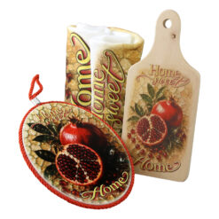 Set cadou "Home Sweet Home" rodie - suport pentru oale, tocator si prosop de bucatarie + punga cadou