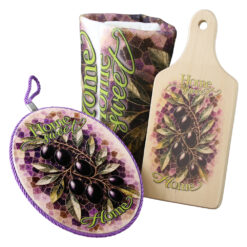 Set cadou "Home Sweet Home" masline negre - suport pentru oale, tocator si prosop de bucatarie + punga cadou