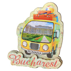 Magnet de frigider din lemn "Romania / Bucharest" 7 x 8.5 cm, autobuz
