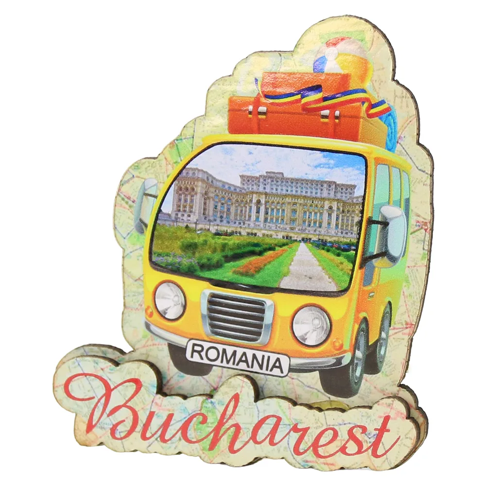 Magnet de frigider din lemn "Romania / Bucharest" 7 x 8.5 cm, autobuz