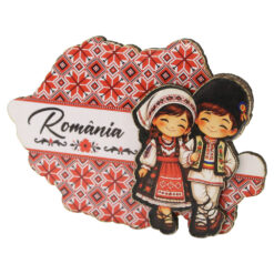 Magnet de frigider din lemn "Romania" 10 x 7 cm Copii in port popular