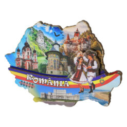 Magnet de frigider din lemn "Romania" 10 x 6.5 cm Castele, dansatori