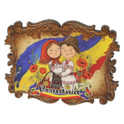 Magnet de frigider din placaj Romania 8 x 6 cm cuplu cu maci
