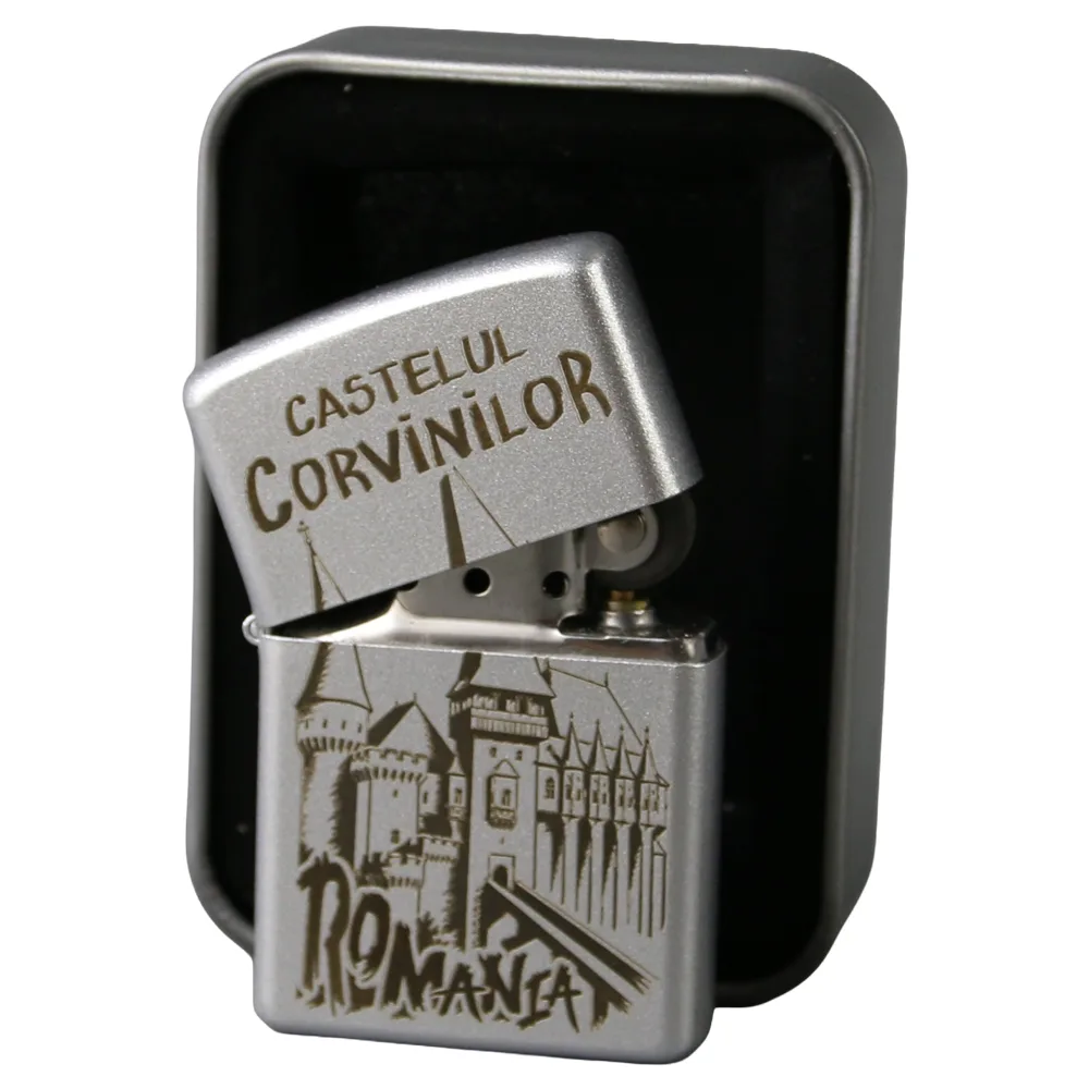 Bricheta metalica gravata Castelul Corvinilor 3.5 x 5.5 cm, argintie - imagine 2