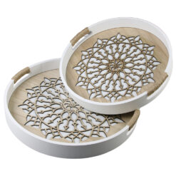 Set 2 tavi rotunde din lemn si sticla 35/30 x 4.5 cm, mandala decupata