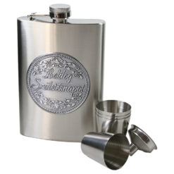 Set plosca metalica 220 ml cu 4 pahare, palnie si mesaj in relief "Boldog szuletesnapot", argintie