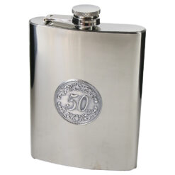 Plosca metalica 220 ml cu cifra in relief "50...", argintie