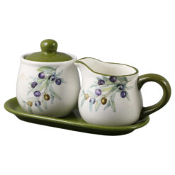 Suport din ceramica cu zaharnita si cana pentru lapte, Olive, masline