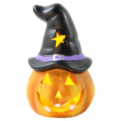 Figurina Halloween din ceramica cu LED Dovleac cu palarie 6.5 x 10 cm