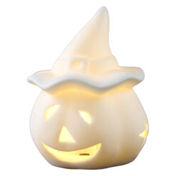 Figurina Halloween din portelan alb cu LED Dovleac cu palarie 7 x 9 cm