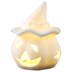 Alternative view of Figurina Halloween din portelan alb cu LED Dovleac cu palarie 7 x 9 cm