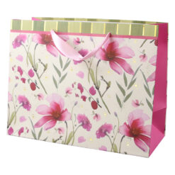 Punga cadou din hartie 23 x 18 cm, cu flori roz si sclipici auriu