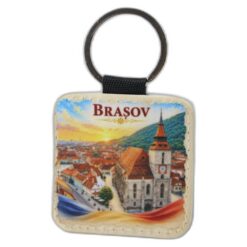 Breloc din piele sintetica Biserica Neagra, Brasov 5 cm, Romania