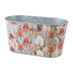 Ghiveci oval decorativ din metal cu Padure de toamna 23 x 11.5 x 12 cm