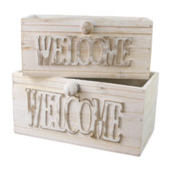 Set 2 ghivece decorative din lemn "Welcome" 27 x 13.5 x 13 cm, alb antichizat