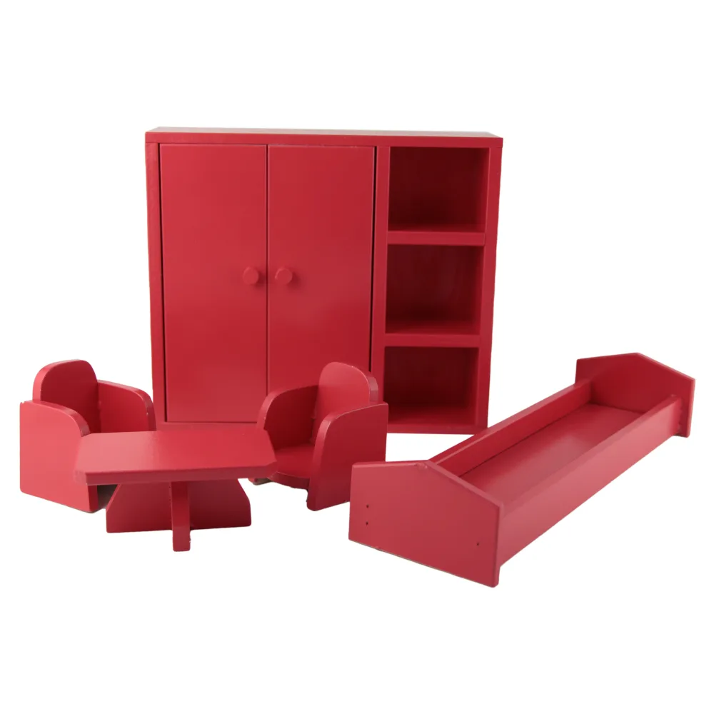 Set mobilier de dormitor pentru copii, jucarie din lemn, 5 piese, rosu