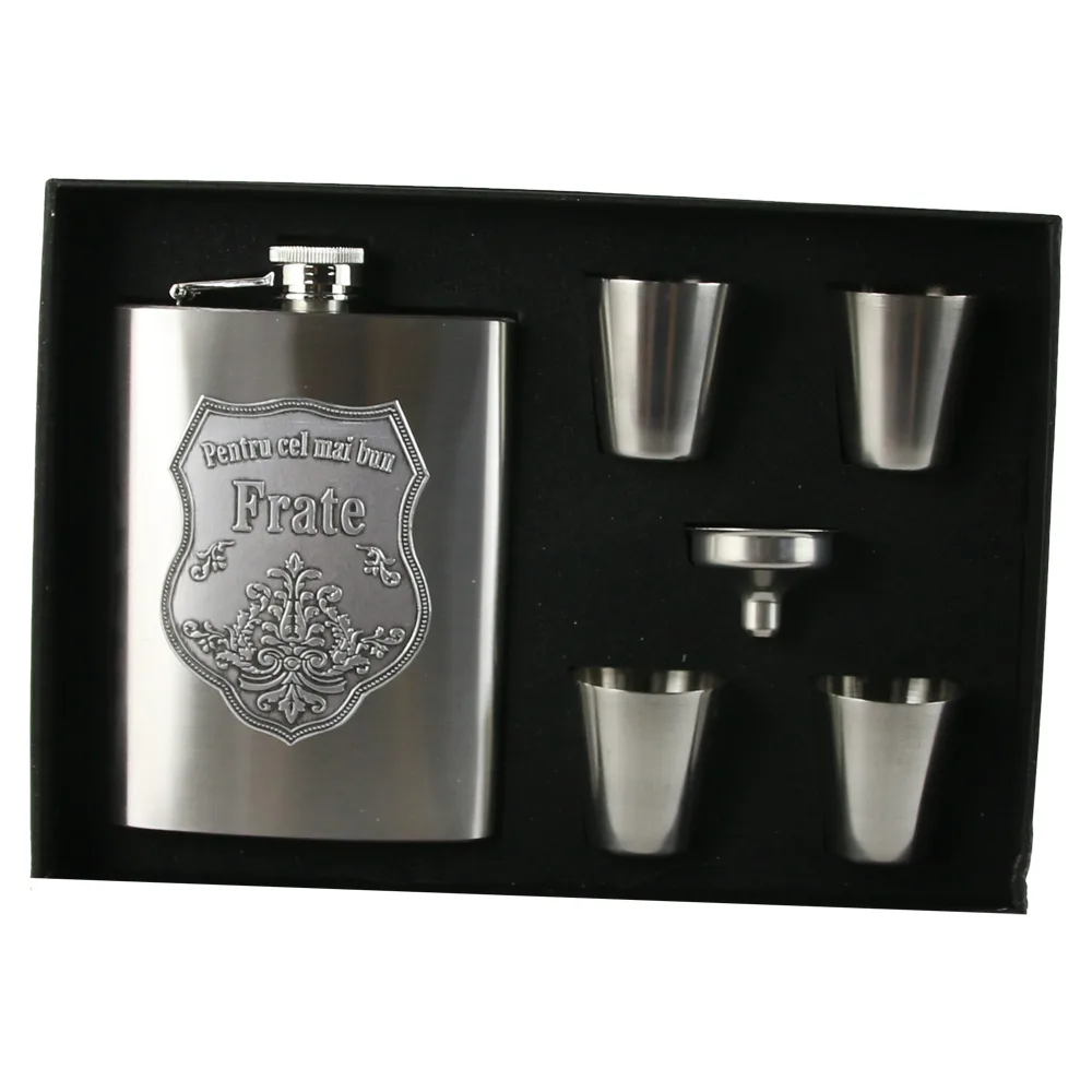 Set plosca cu palnie si 4 pahare din inox, "Pentru cel mai bun Frate", in cutie eleganta