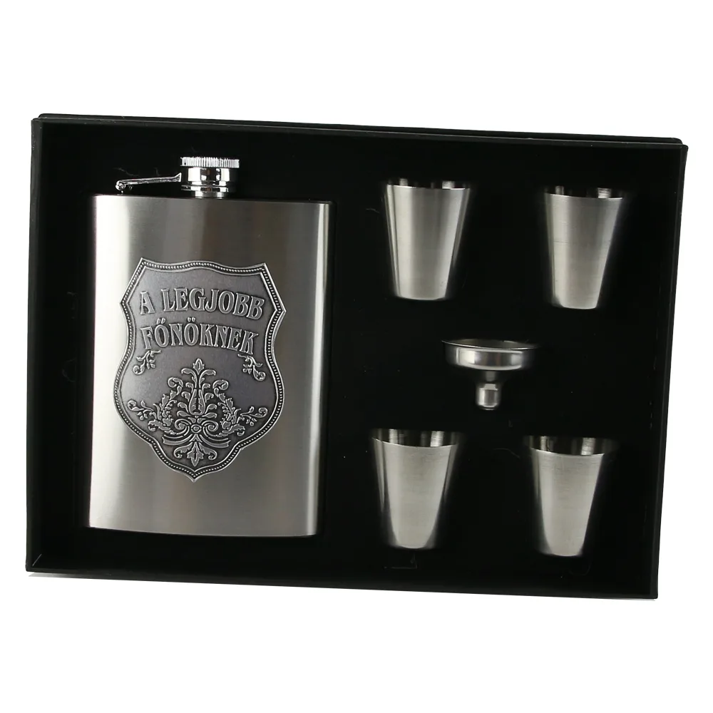 Set plosca cu palnie si 4 pahare din inox, "A legjobb Fonoknek", in cutie eleganta