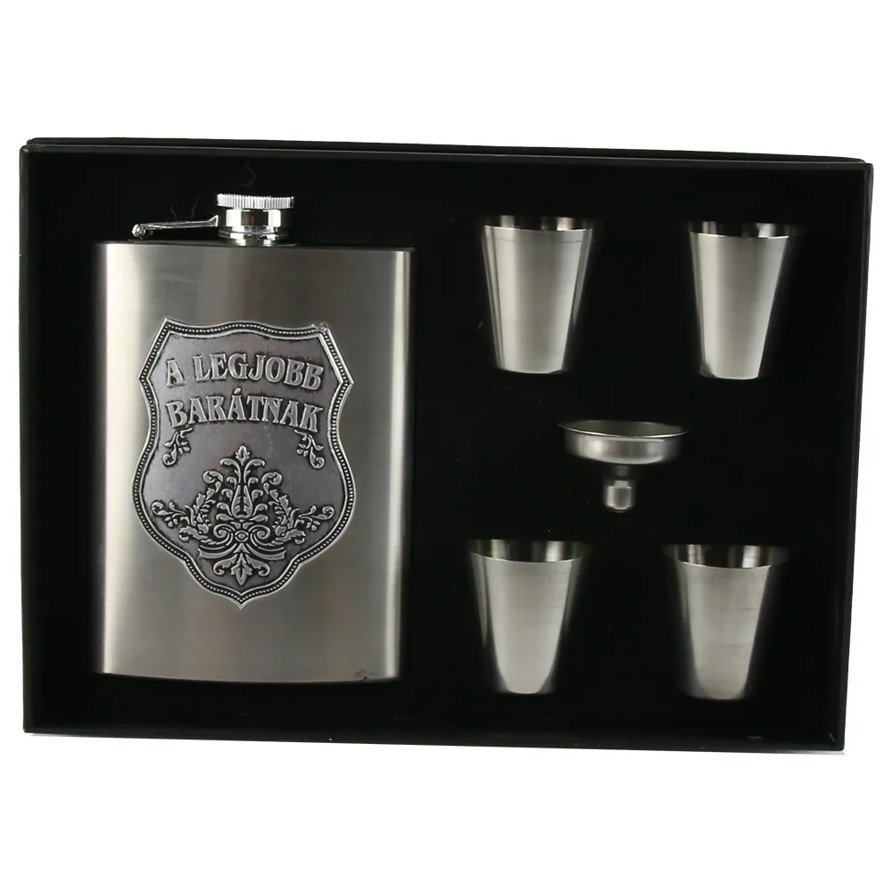 Set plosca cu palnie si 4 pahare din inox is cutie eleganta cu captuseala. cu decor embosat - A legjobb bar?tnak