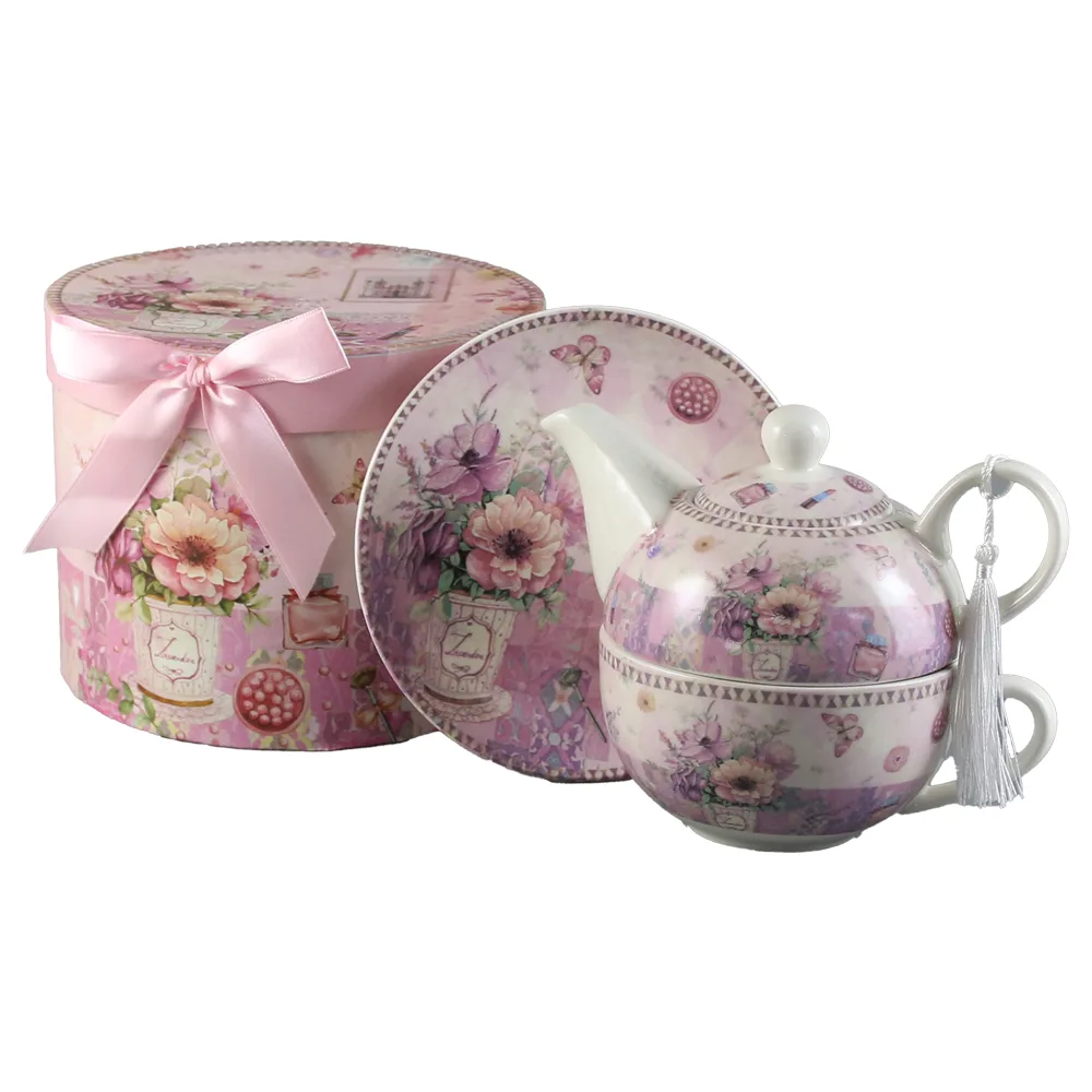 Set ceainic cu ceasca si farfurioara 350 ml/310 ml, Flori roz