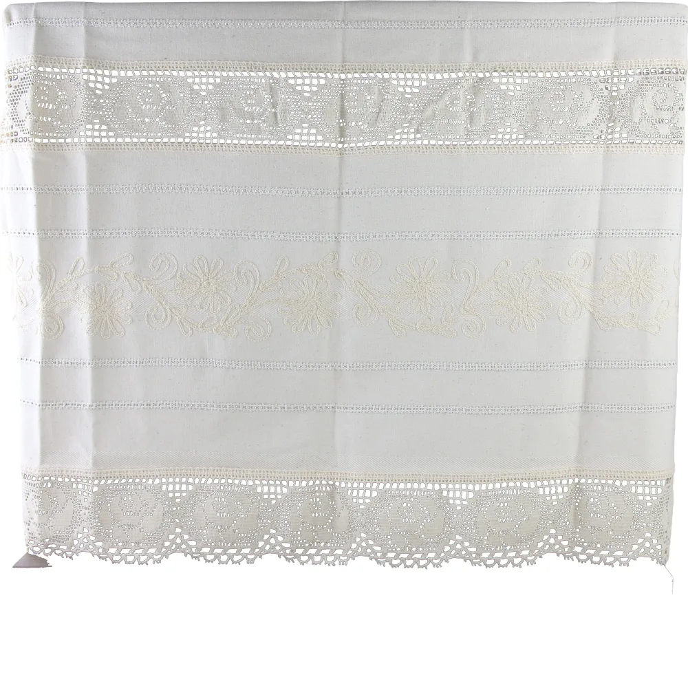 Perdea rustica din bumbac 140 x 180 cm, cu dantela trandafir si brodarie