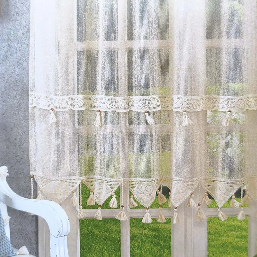 Perdea rustica din bumbac 140 x 180 cm, cu dantela si margele din lemn - imagine 3