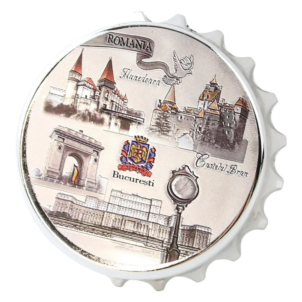 Magnet de frigider metalic cu desfacator "Romania 7.5 cm  Castele & orase
