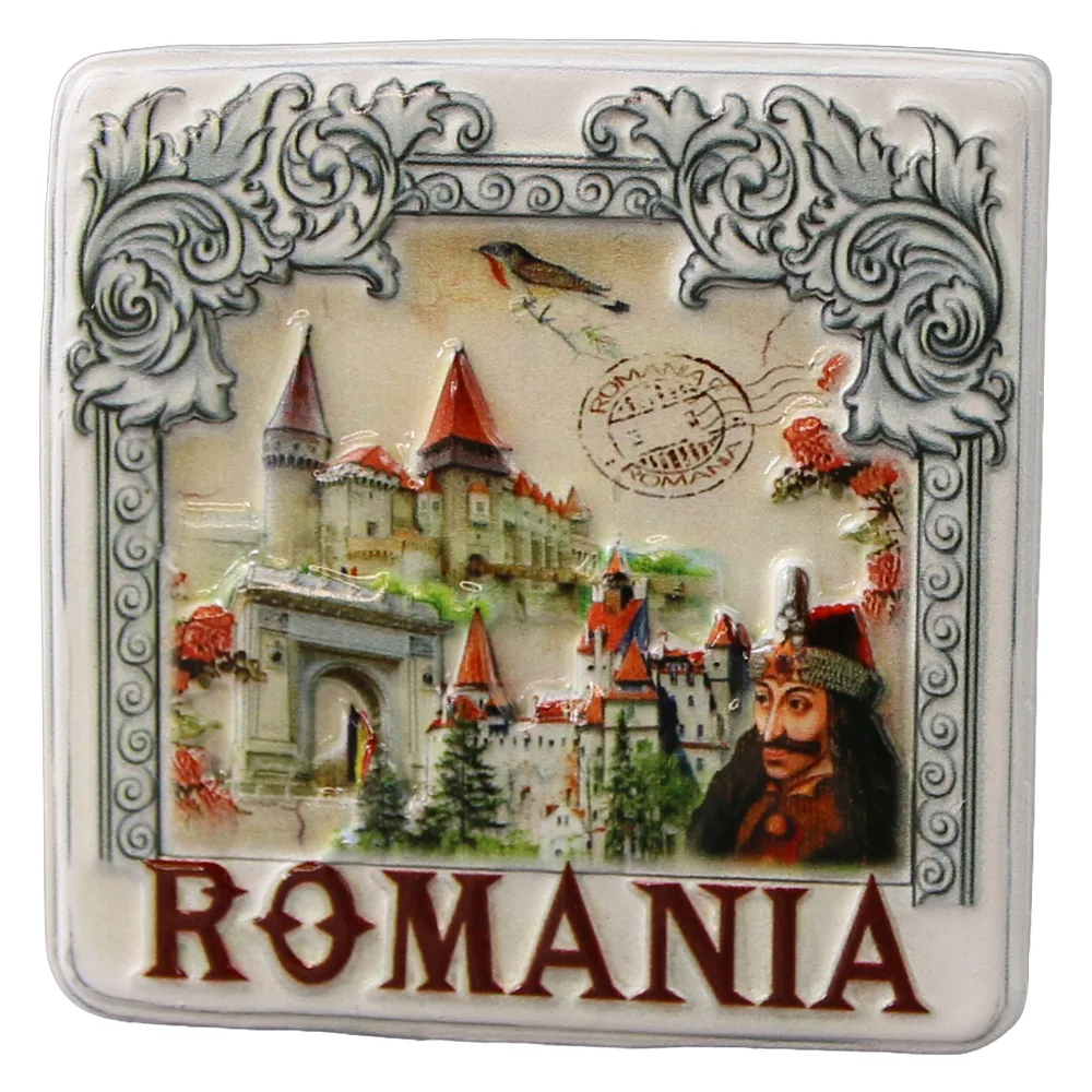 Magnet de frigider din rasina "Romania" 6 x 6 cm Castele Romania