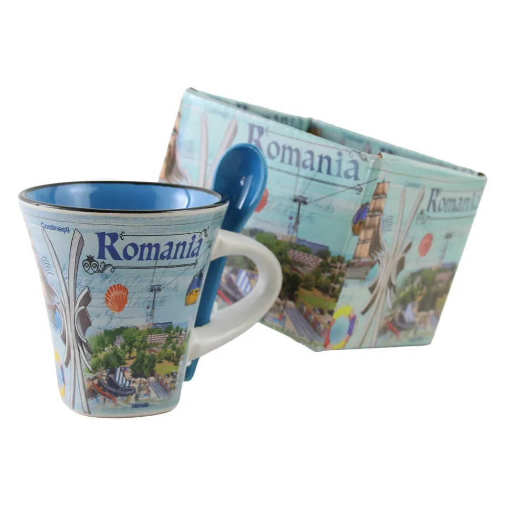 Cana din ceramica cu lingurita "Romania" 90 ml Black Sea, cu cutie decorativa - imagine 2