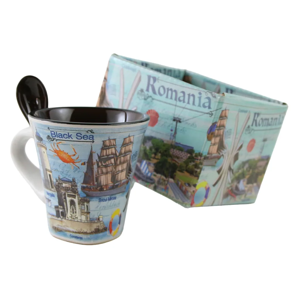 Cana din ceramica cu lingurita "Romania" 90 ml Black Sea, cu cutie decorativa - imagine 3