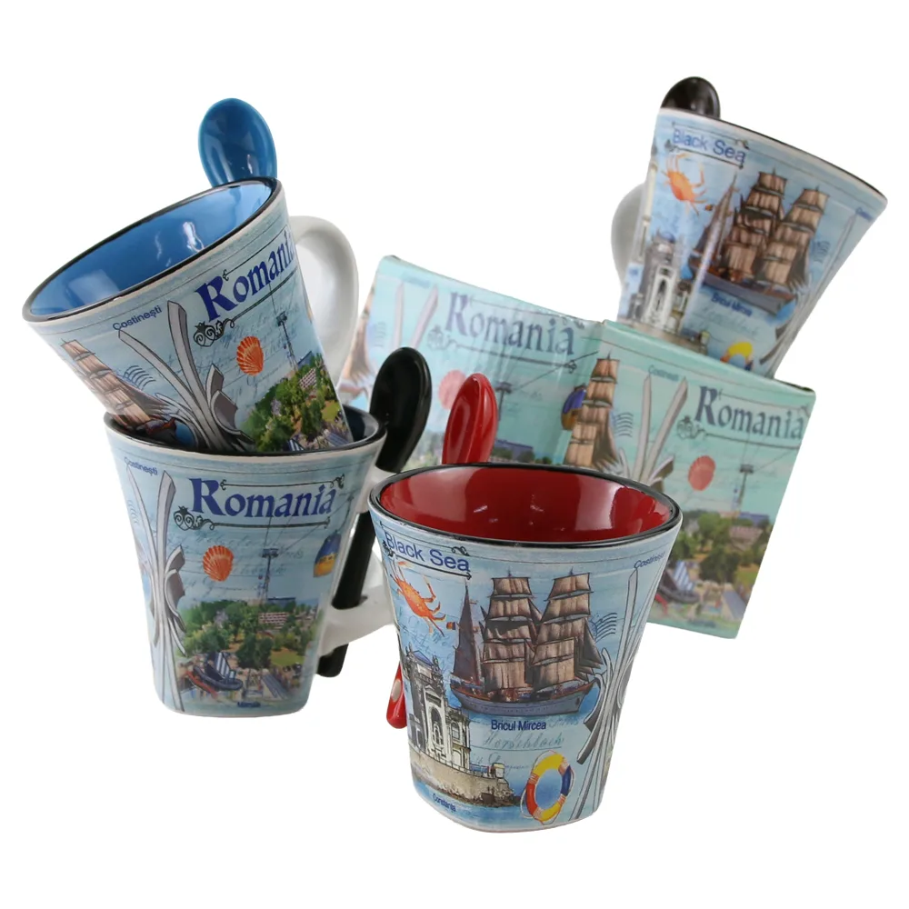 Cana din ceramica cu lingurita "Romania" 90 ml Black Sea, cu cutie decorativa - imagine 5
