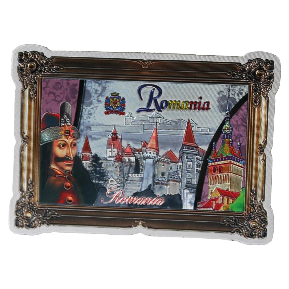 Magnet de frigider din plastic cu aspect metalic "Romania" 8.5 x 6.5 cm Castelul Bran