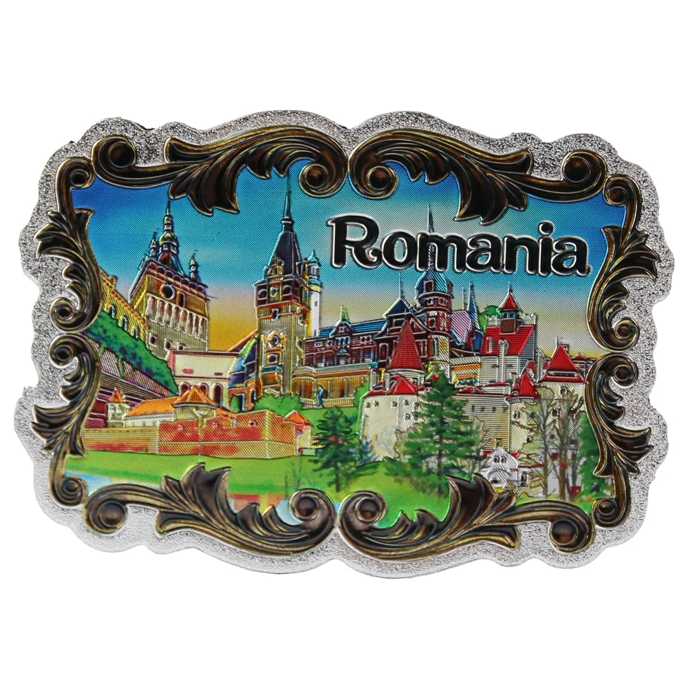 Magnet de frigider din plastic cu aspect metalic "Romania" 8.5 x 6 cm Castele