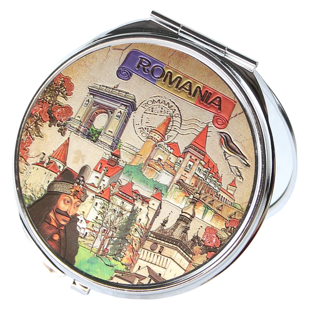 Oglinda metalica de buzunar "Romania"  7 cm Castele cu Vlad Tepes