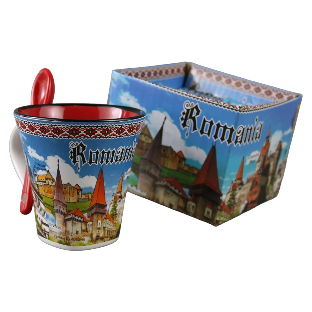 Cana din ceramica cu lingurita "Romania" 90 ml castele / Vlad Tepes, cu cutie decorativa - imagine 2