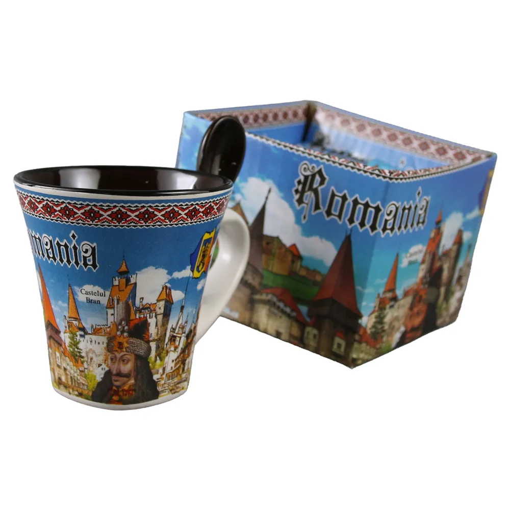 Cana din ceramica cu lingurita "Romania" 90 ml castele / Vlad Tepes, cu cutie decorativa - imagine 3