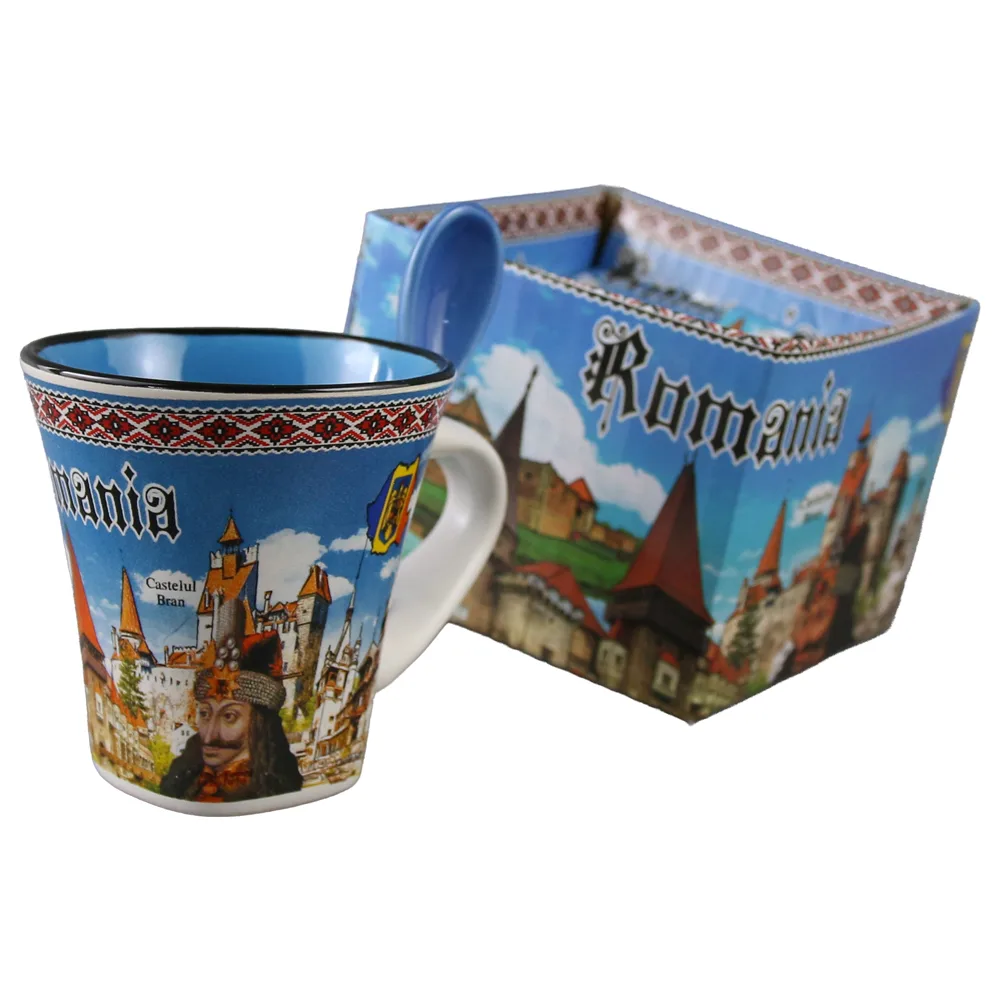 Cana din ceramica cu lingurita "Romania" 90 ml castele / Vlad Tepes, cu cutie decorativa - imagine 4