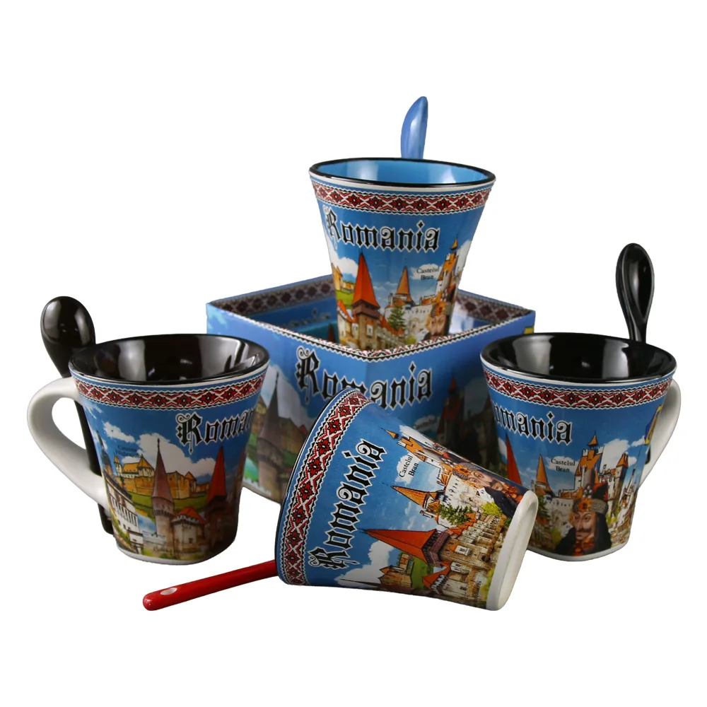 Cana din ceramica cu lingurita "Romania" 90 ml castele / Vlad Tepes, cu cutie decorativa - imagine 5