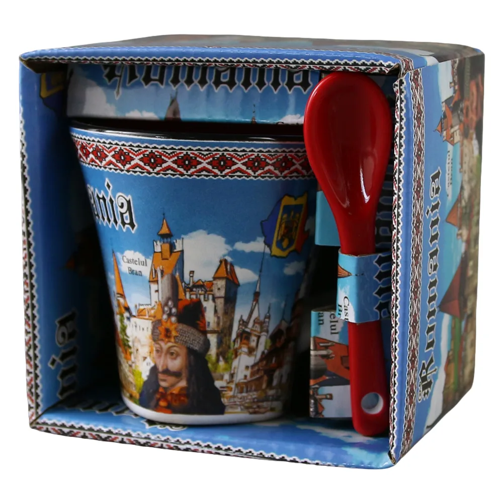 Cana din ceramica cu lingurita "Romania" 90 ml castele / Vlad Tepes, cu cutie decorativa - imagine 6