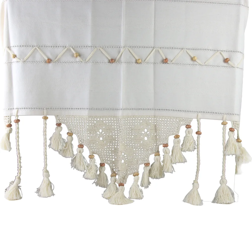 Perdea rustica din bumbac 160 x 180 cm, cu dantela si margele din lemn