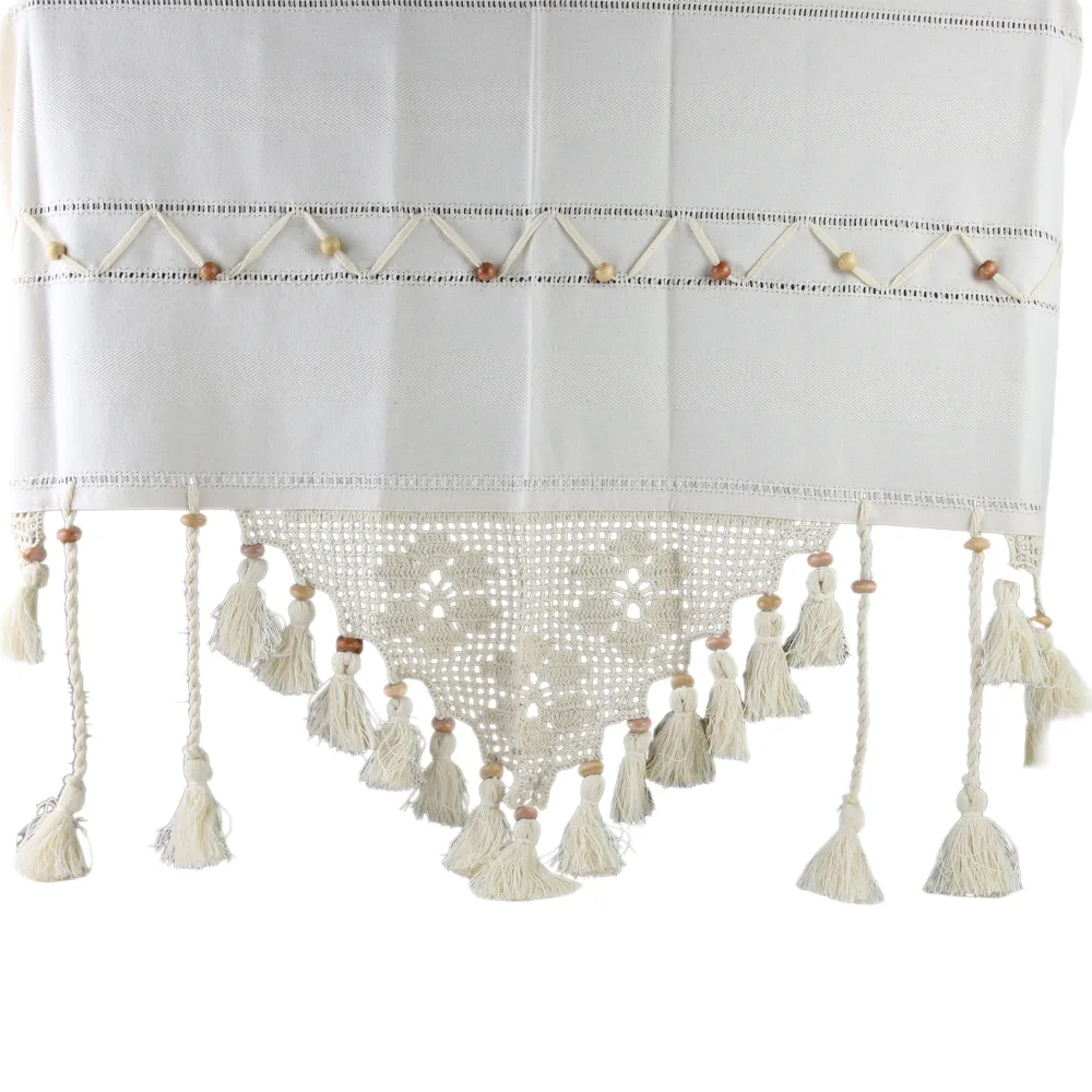 Perdea rustica din bumbac 140 x 100 cm, cu dantela si margele din lemn