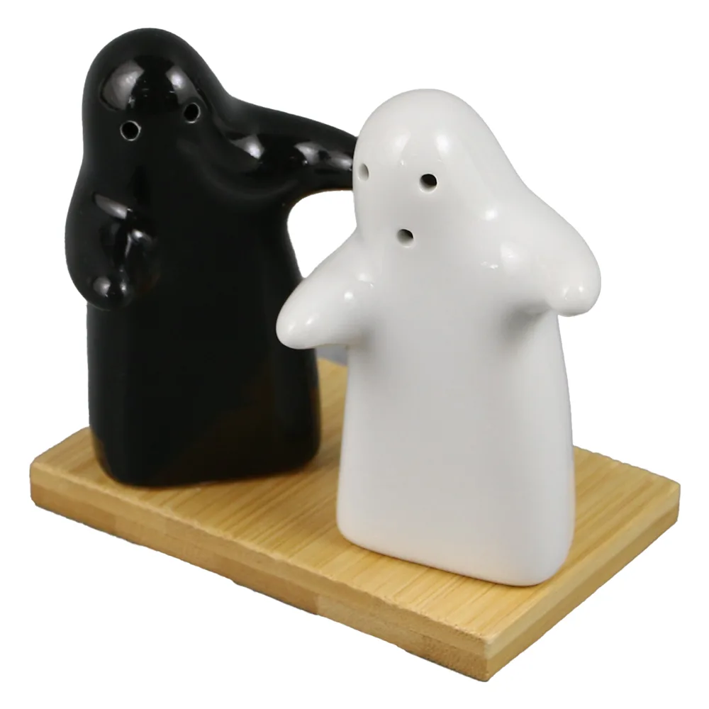 Set solnita/pipernita din ceramica, cu suport din bambus, 9x6x8 CM, White - imagine 2