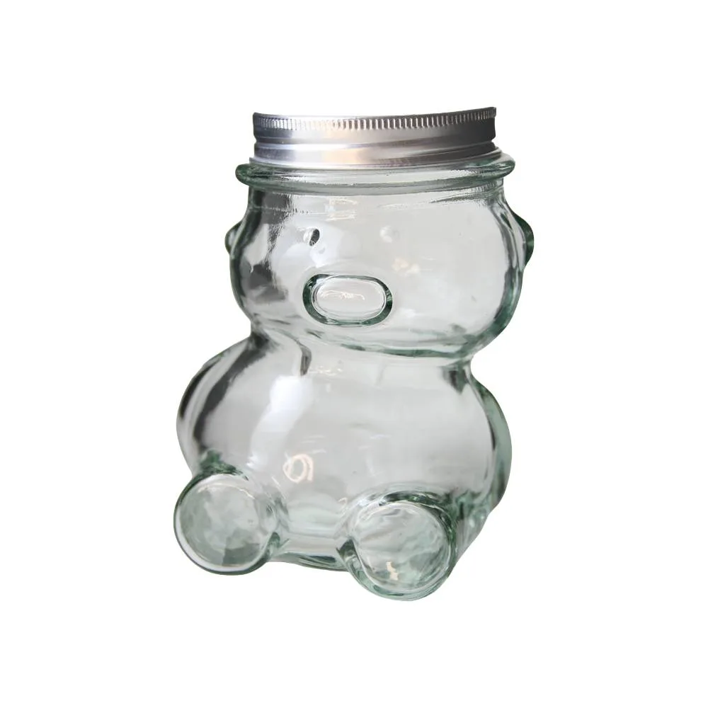 Borcan Ursulet din sticla pentru miere 120 ml, cu capac metalic - 7 x 10 cm