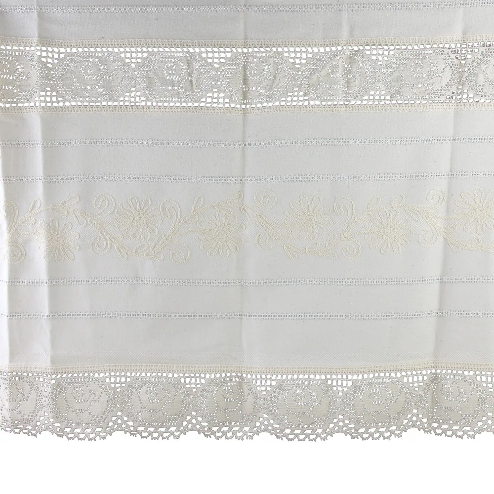 Perdea rustica din bumbac 140 x 100 cm, cu dantela trandafir si brodarie