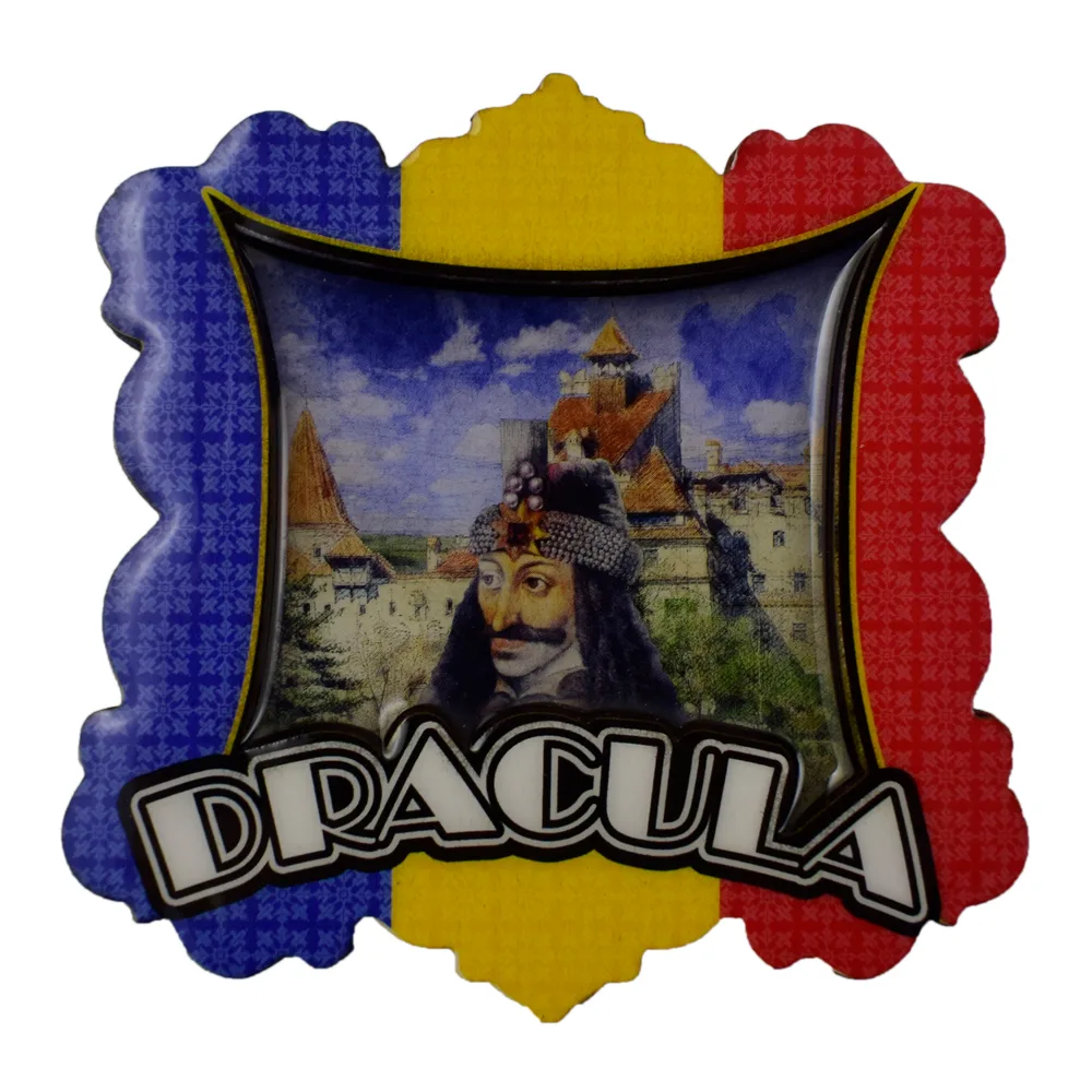 Magnet frigider din lemn si rasina Romania/Dracula 8 CM