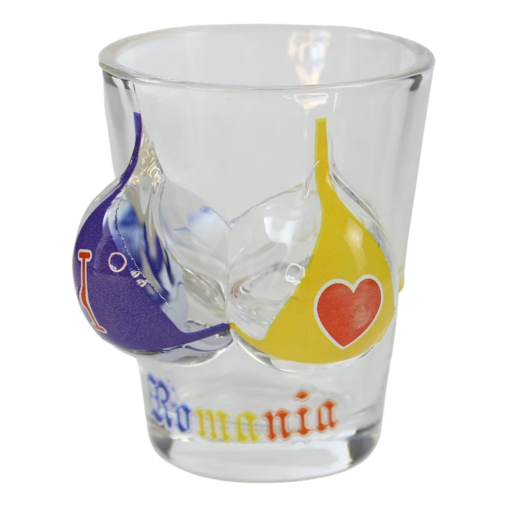 Pahar snaps din sticla "I love Romania" 5 x 6.5 cm bust femeie, tricolor