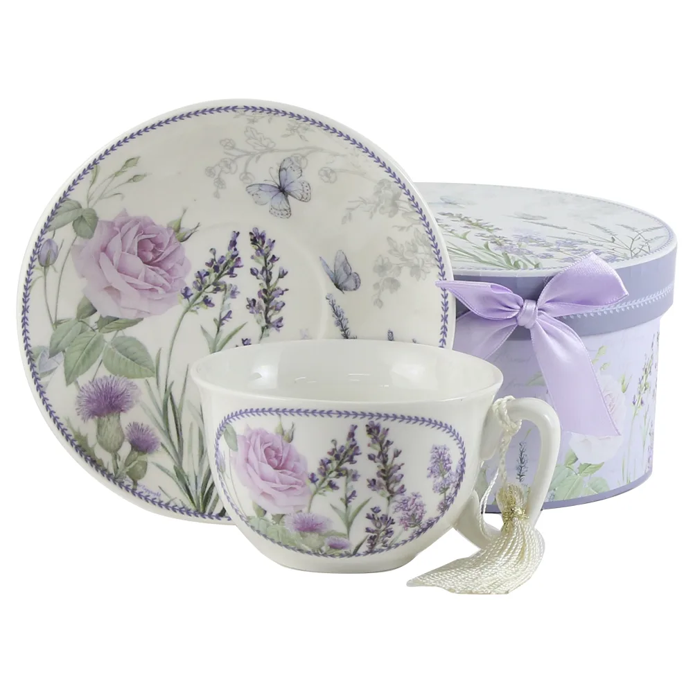 Ceasca cu farfurie din ceramica in cutie decorativa - Lavanda, 200 ml