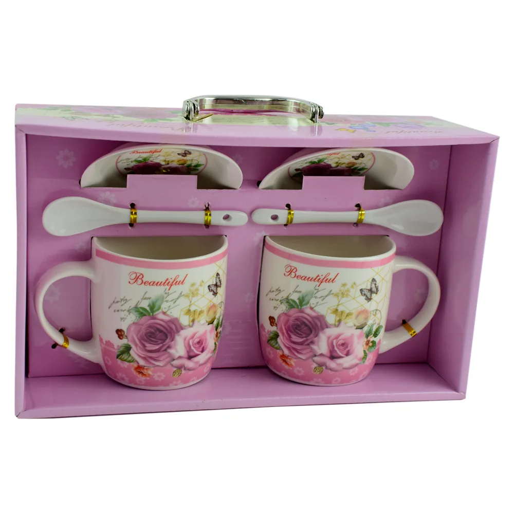 Set cana cu farfurie si lingura realizate din ceramica in cutie - Design cu trandafiri - Diverse modele - imagine 2